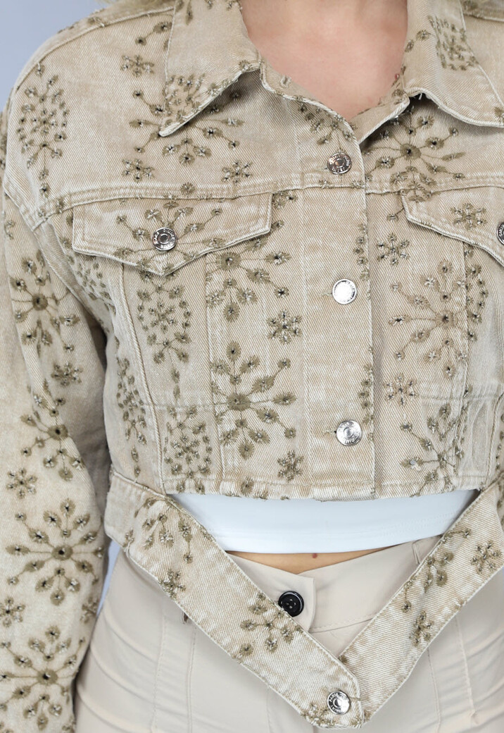 Beige Jasje met Geborduurde Print