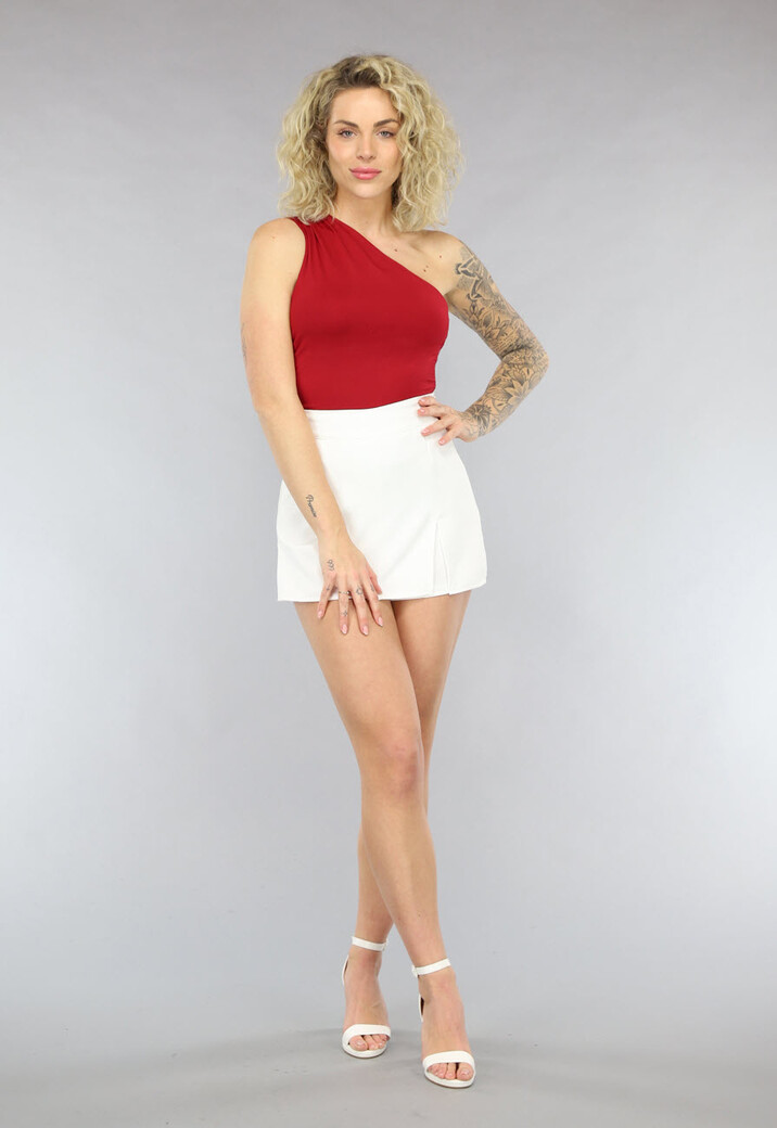 Rode One Shoulder Top met Plooitjes