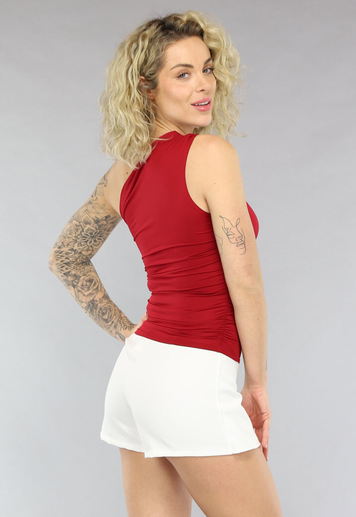 Rode One Shoulder Top met Plooitjes