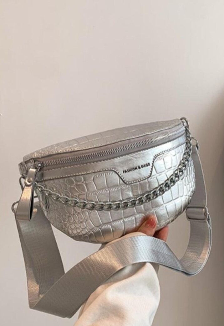 Zilver Lederlook Croco Heuptasje met Ketting