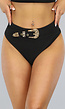 High Waist Zwart Bikinibroekje met Gouden Riem en Textuur