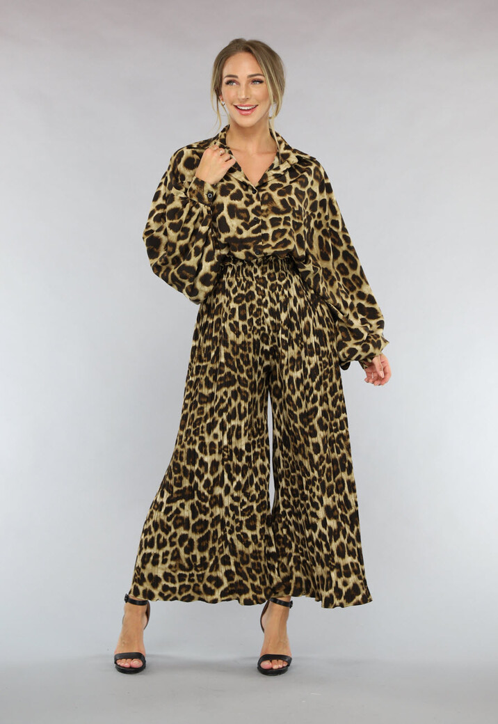 Loose Fit Bruine Leopard Two Piece met Plissé Broek