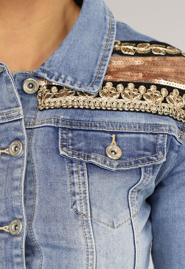 Blauw Boho Spijkerjasje met Pailletten