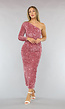 Roze Asymmetrische Jurk met Pailletten
