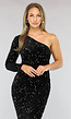 Zwarte One Shoulder Maxi Jurk met Sequins