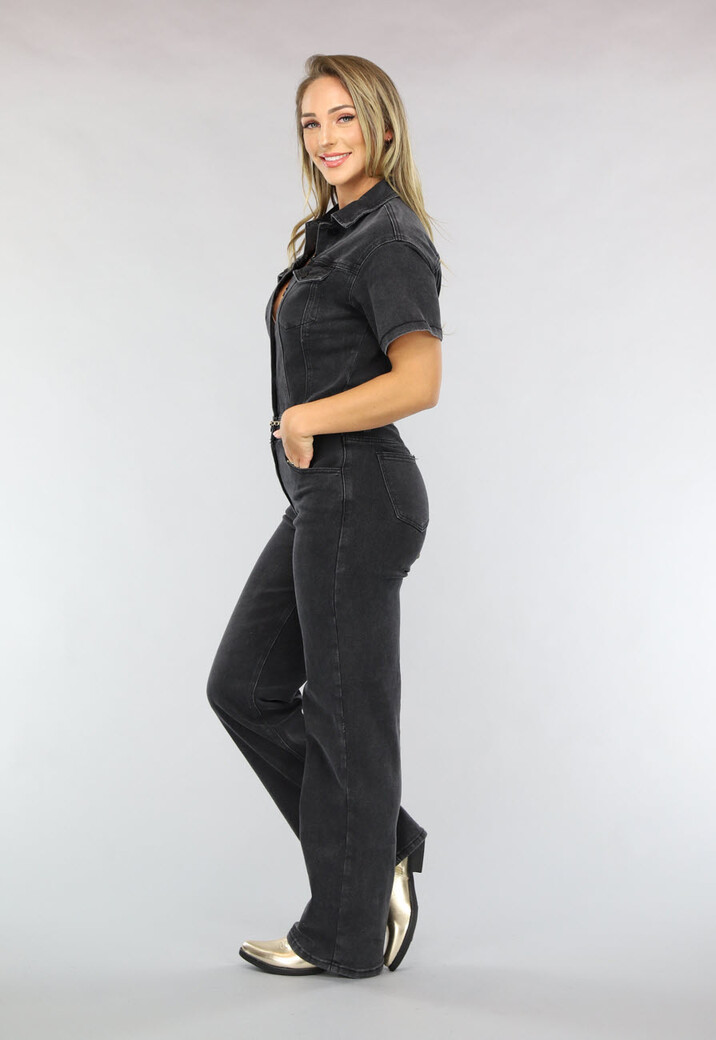 Zwarte Straight Leg Jeans Jumpsuit met Korte Mouwen