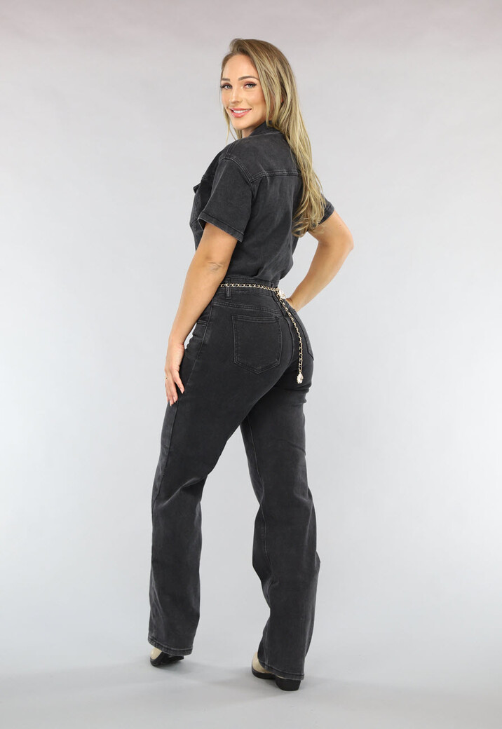 Zwarte Straight Leg Jeans Jumpsuit met Korte Mouwen