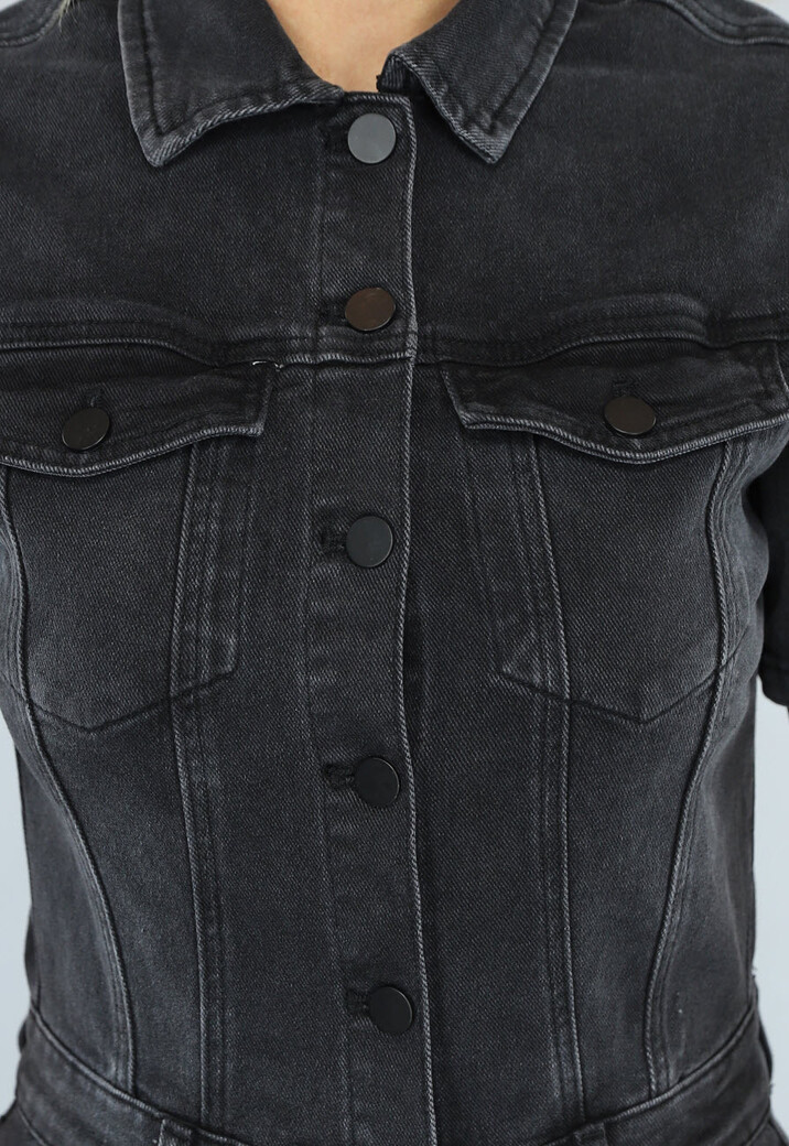 Zwarte Straight Leg Jeans Jumpsuit met Korte Mouwen