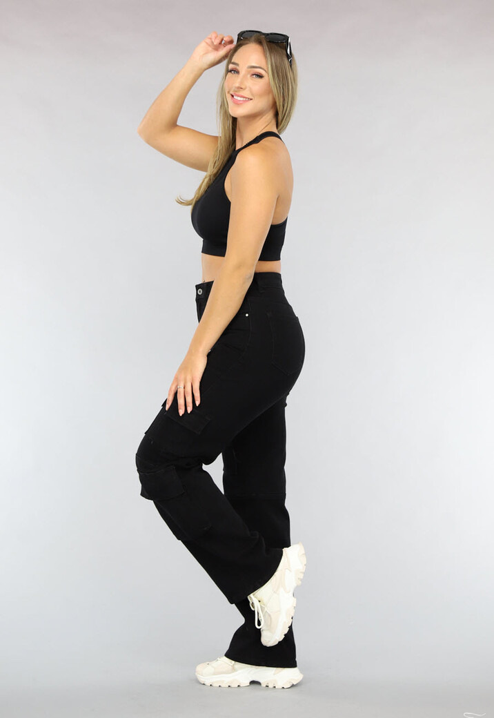Zwarte Straight Leg Cargo Broek met Hoge Taille