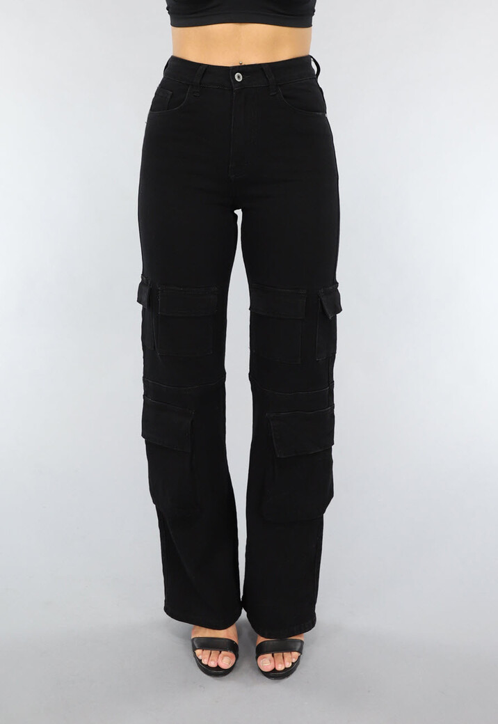 Zwarte Straight Leg Cargo Broek met Hoge Taille