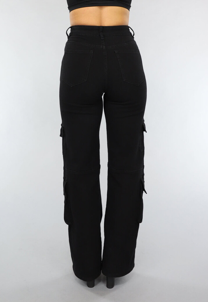 Zwarte Straight Leg Cargo Broek met Hoge Taille