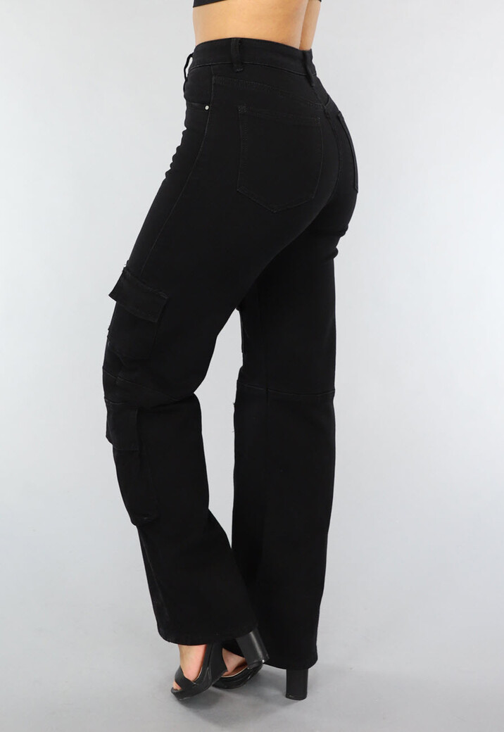 Zwarte Straight Leg Cargo Broek met Hoge Taille