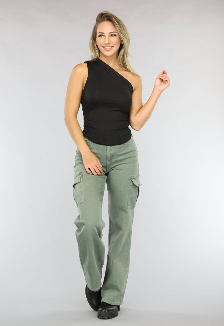 Zwarte Geplooide One Shoulder Top