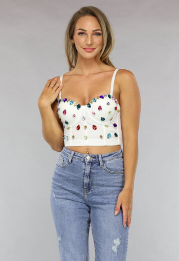 NEW1004 Witte Bustier met Grote Multicolor Strass