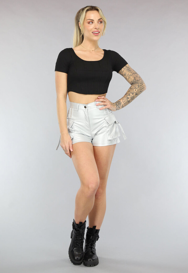 Zwart Top met Korte Mouwen en Korset Naden