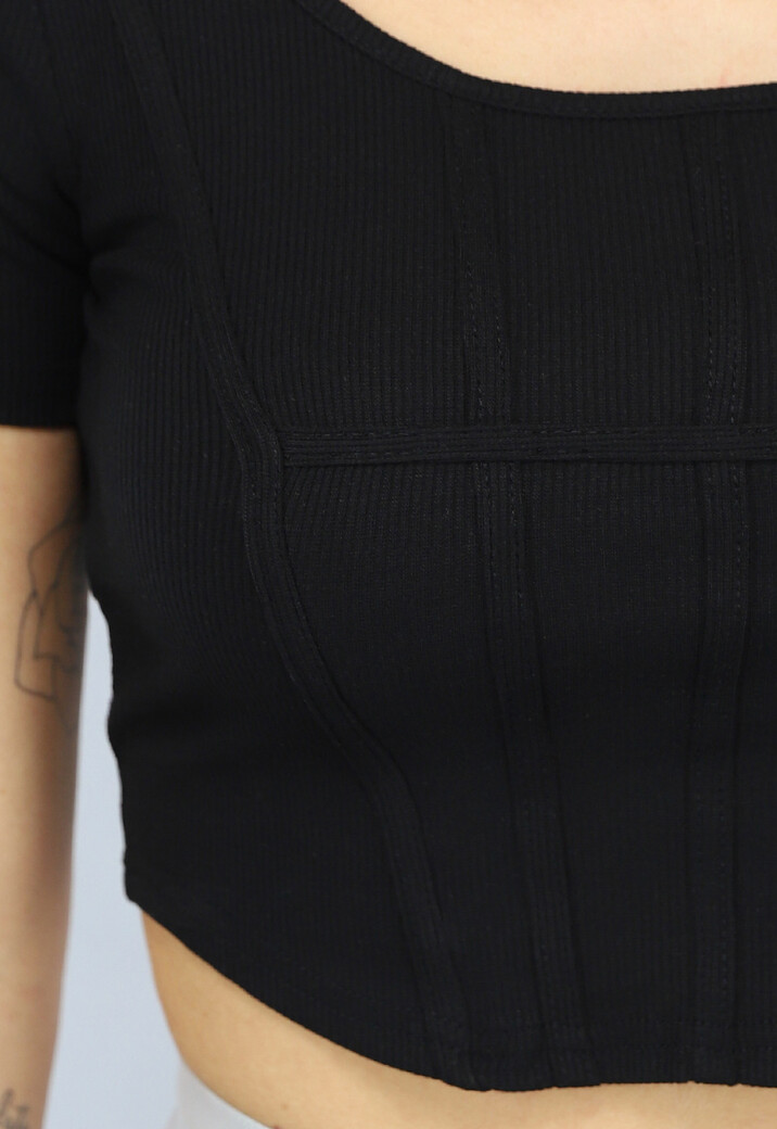 Zwart Top met Korte Mouwen en Korset Naden