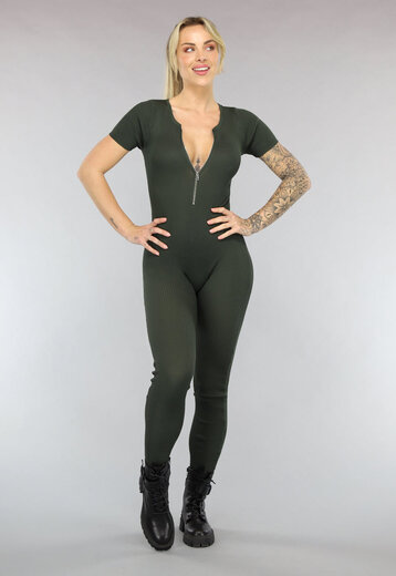 NEW2003 Khaki Elastische Jumpsuit met Ritssluiting