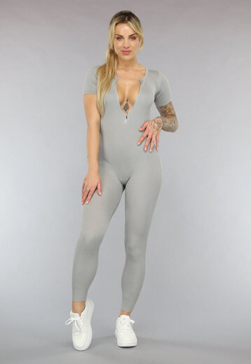 NEW2003 Lange Grijze Stretch Jumpsuit met Rits