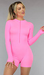 Neon Roze Longsleeve Playsuit met Ritssluiting