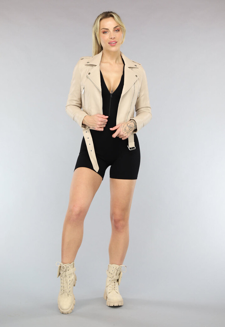 Cropped Beige Leren Jack met Zilveren Details