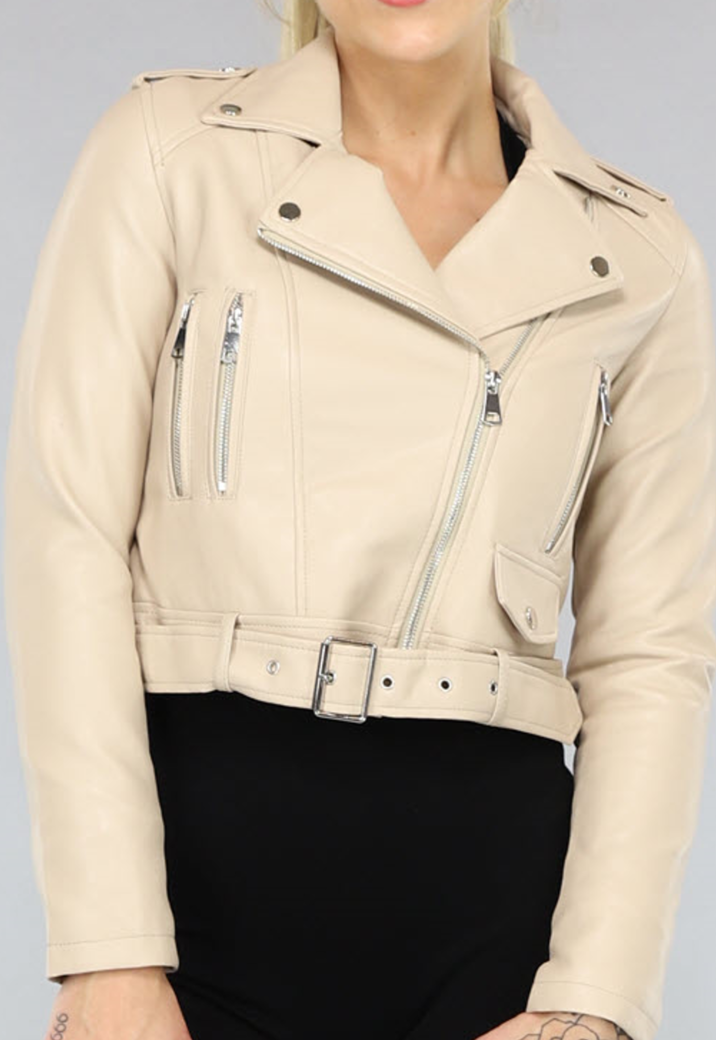 Cropped Beige Leren Jack met Zilveren Details