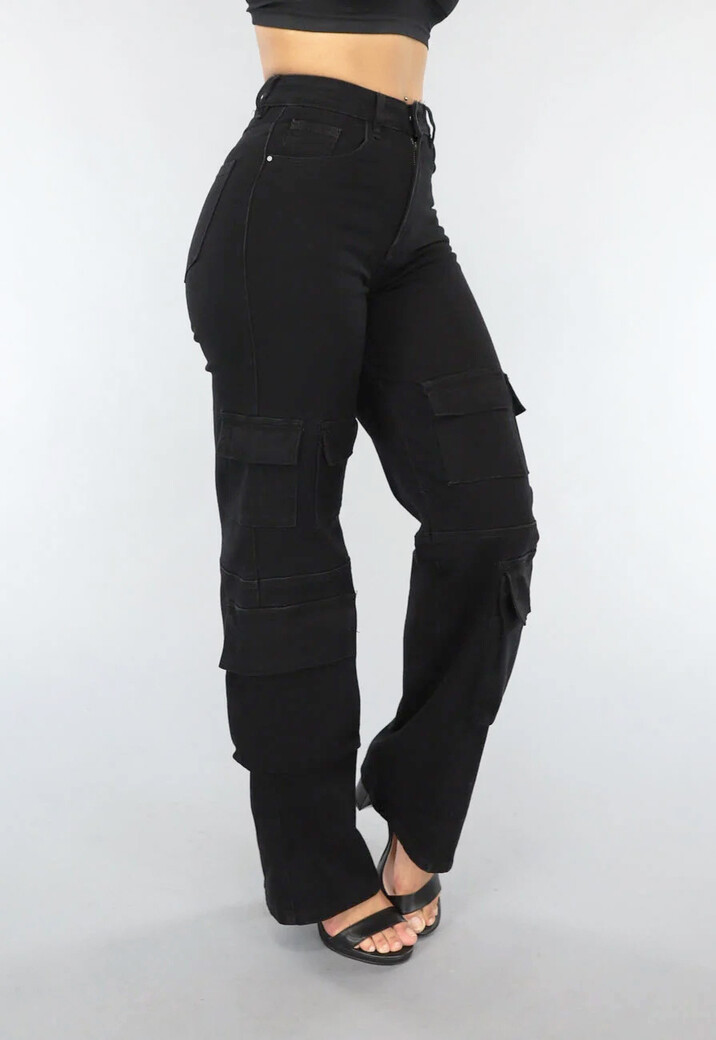 Zwarte Straight Leg Cargo Broek met Hoge Taille