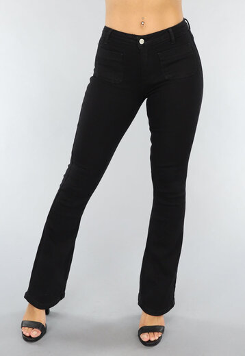 NEW2003 Zwarte Low Waist Flair Jeans met Opgenaaide Zak