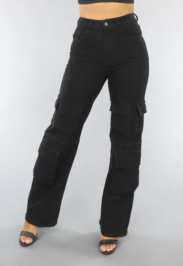 NEW2003 Zwarte Straight Leg Cargo Broek met Hoge Taille