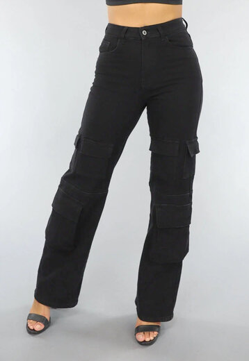 Redial Jeans  Zwarte Straight Leg Cargo Broek met Hoge Taille