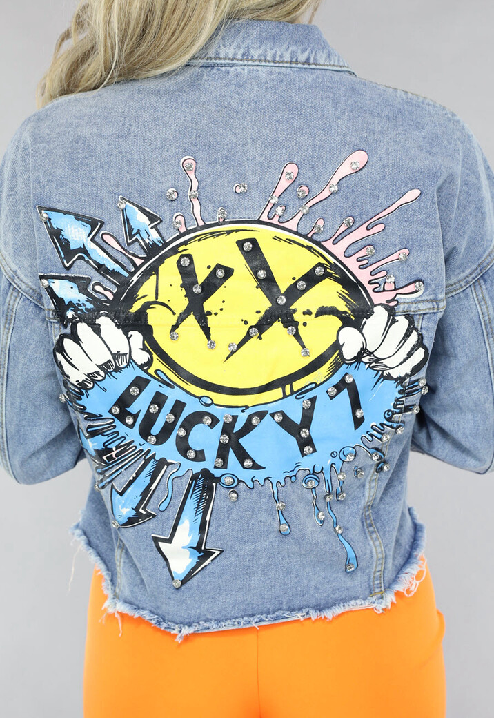 Jeans Jasje met Graffiti Opdruk en Strass
