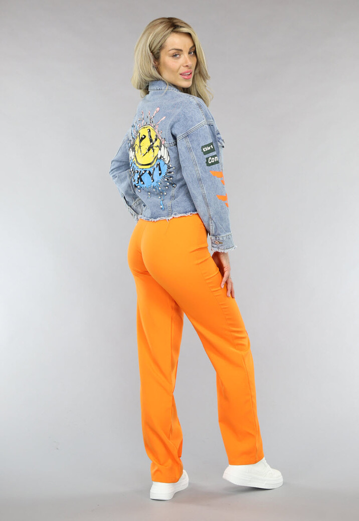 Jeans Jasje met Graffiti Opdruk en Strass