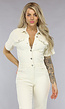 Crème Kleurige Straight Leg Denim Jumpsuit met Korte Mouwen
