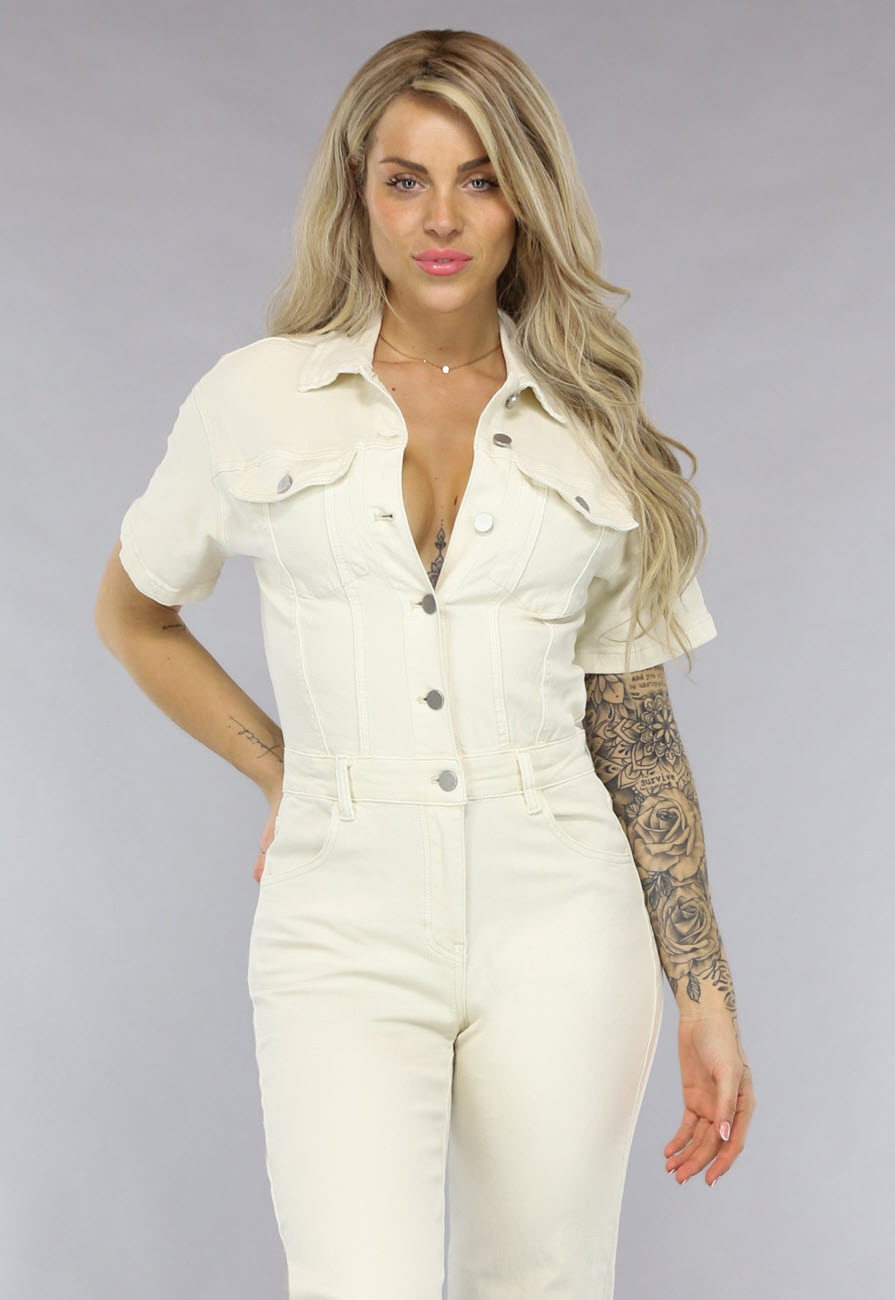 Crème Kleurige Straight Leg Denim Jumpsuit met Korte Mouwen Uwantisell.nl