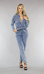 Acid Washed Denim Jumpsuit met Lange Mouwen en Tailleband