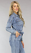 Acid Washed Denim Jumpsuit met Lange Mouwen en Tailleband