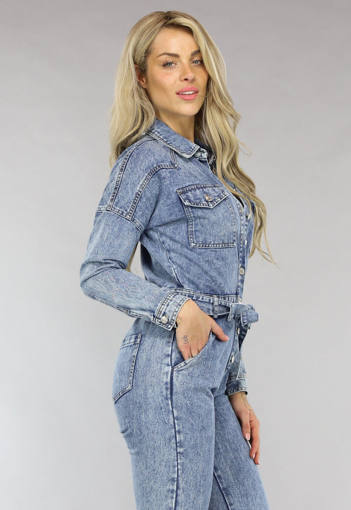 Acid Washed Denim Jumpsuit met Lange Mouwen en Tailleband