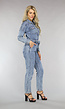 Acid Washed Denim Jumpsuit met Lange Mouwen en Tailleband