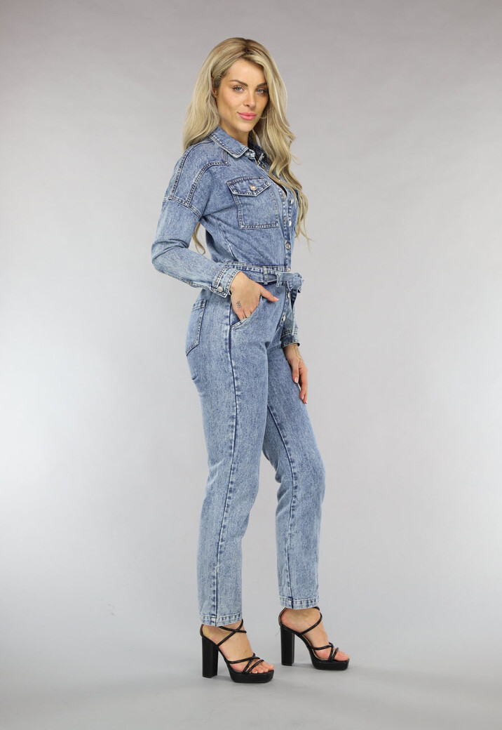 Acid Washed Denim Jumpsuit met Lange Mouwen en Tailleband