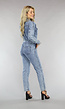 Acid Washed Denim Jumpsuit met Lange Mouwen en Tailleband