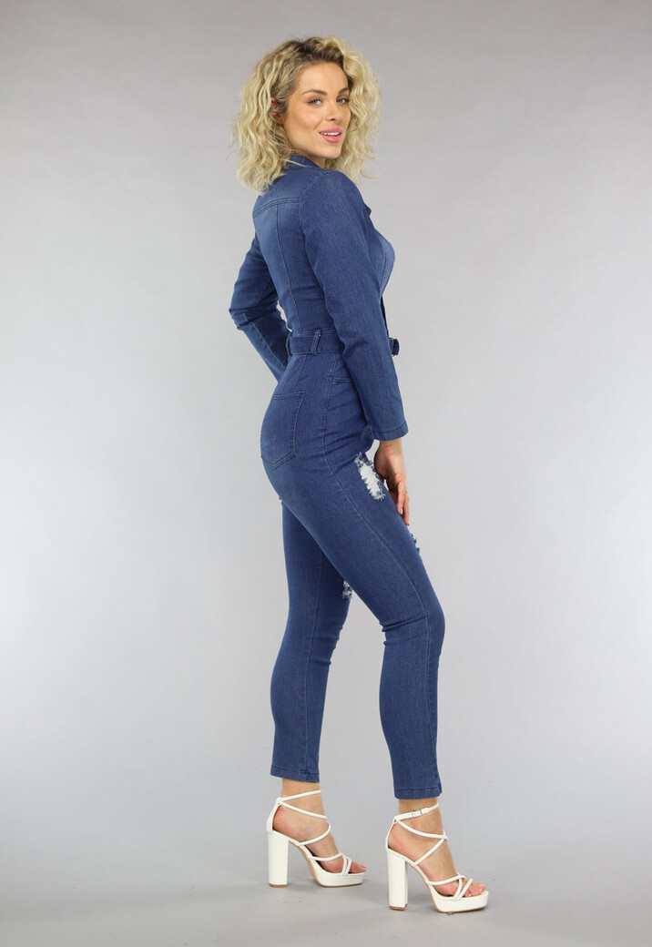 Retro Look Donkerblauwe Jumpsuit met Tailleband