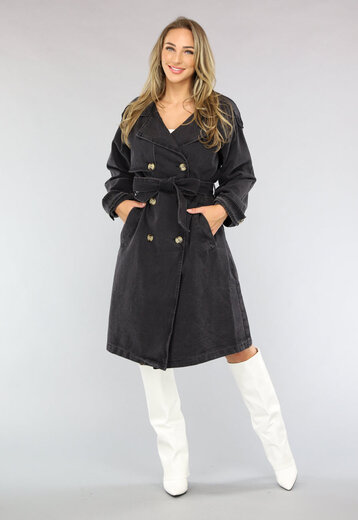 NEW2703 Grijze Oversized Jeans Trenchcoat met Tailleband