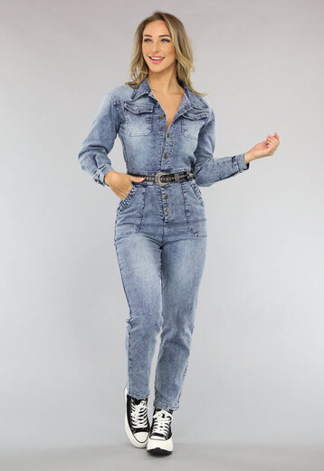 Denim Jumpsuit met Pofmouwen