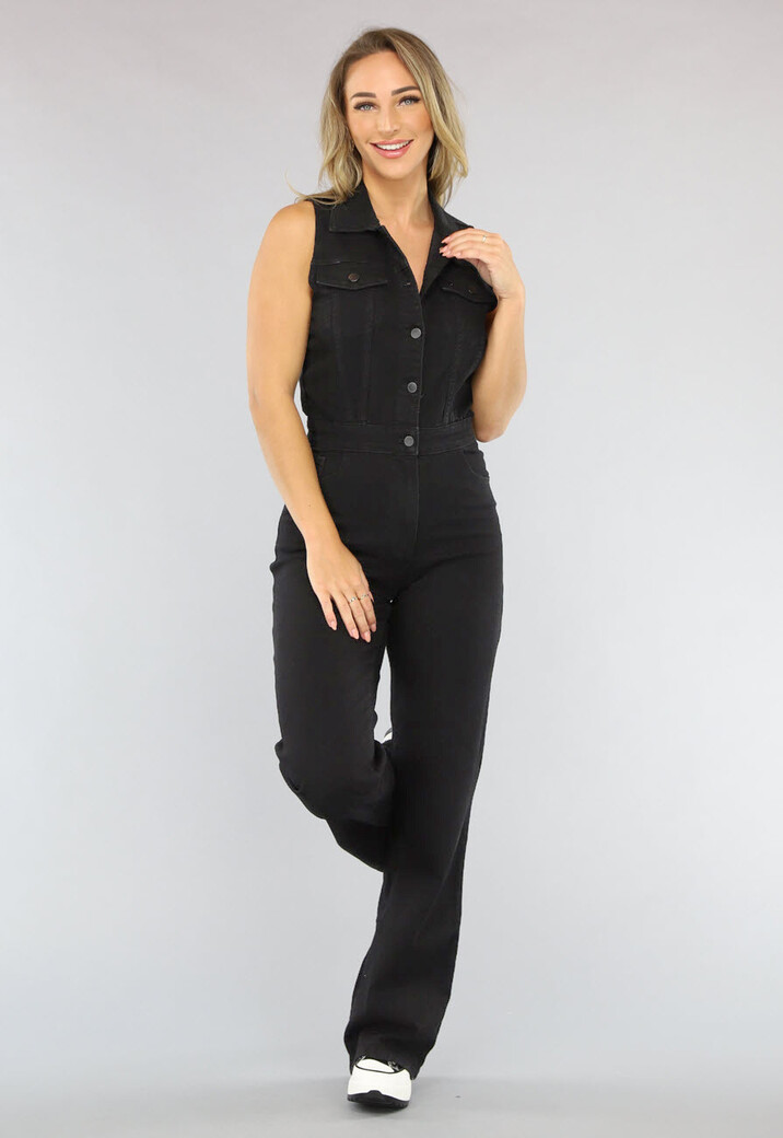 Mouwloze Zwarte Spijkerstof Jumpsuit