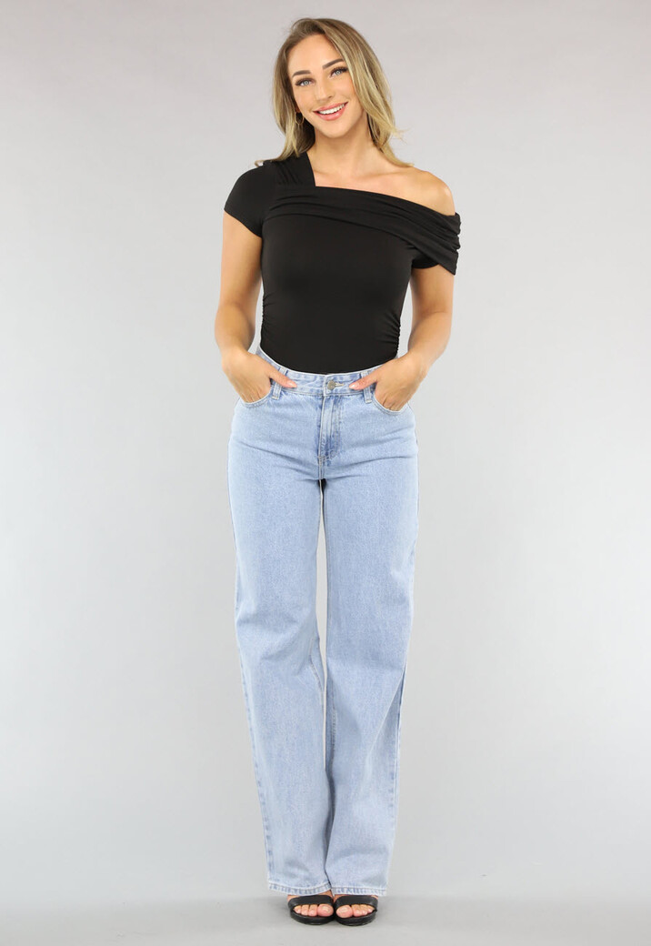 Zwarte Geplooide Top met Asymmetrische One Shoulder