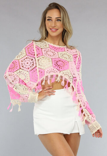 NEW2703 Roze Gebreide Longsleeve Top met Franjes