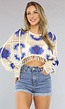 Beige/Blauwe Boho Fringe Top met Lange Mouwen