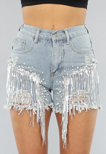 NEW2703 Denim Short met Fringe en Elastische Taille