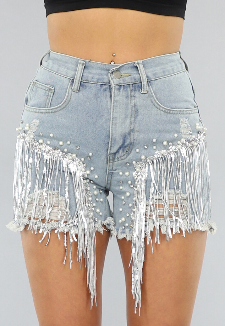 Denim Short met Fringe en Elastische Taille