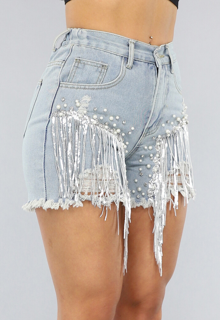 Denim Short met Fringe en Elastische Taille