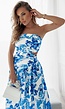 Witte Strapless Jurk met Blauwe Print en Cut Out